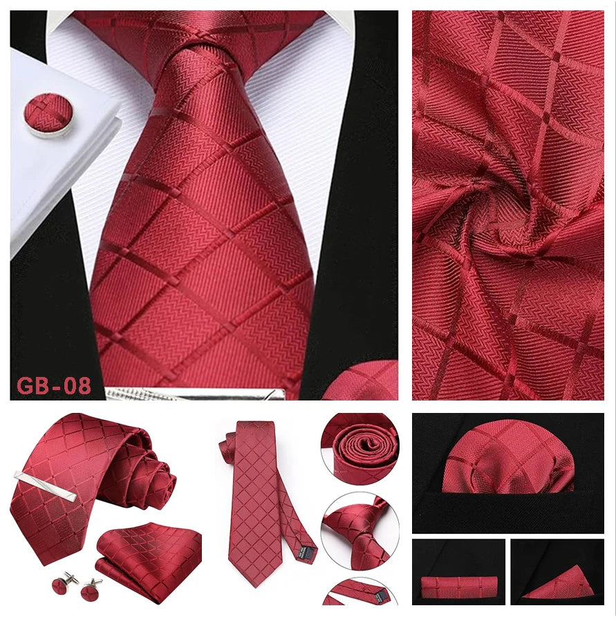 100% Silk Plaid & Checkered Men’s Tie Set with Pocket Square, Tie Clip & Cufflinks. Business & Wedding Necktie Gift Set  Optimized Description