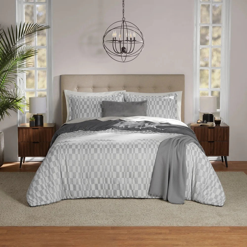 5 Piece Soft Grey Checkered Comforter Set Full Queen