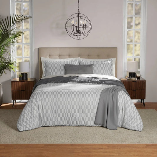 5 Piece Soft Grey Checkered Comforter Set Full Queen