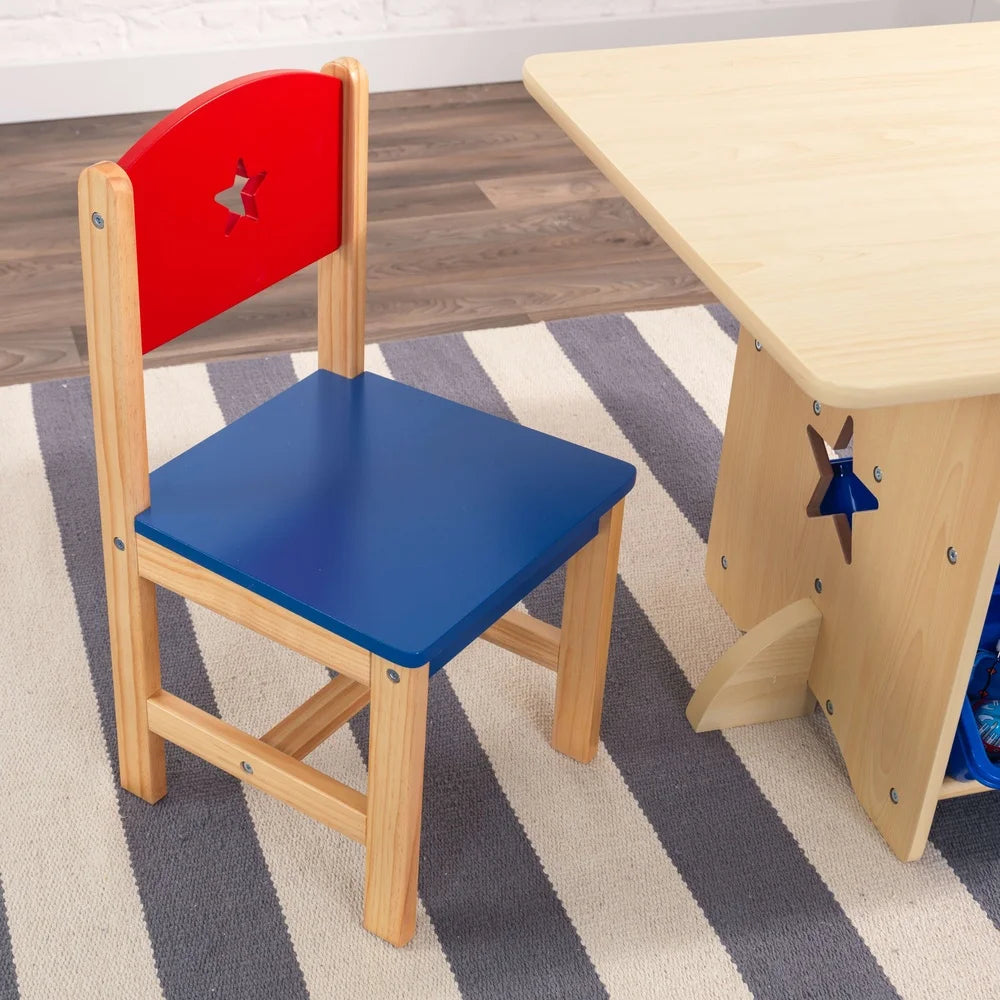 Wooden Star Table Chair Set with 4 Storage Bins Kids Playroom Craft Supplies Safe Design Ages 3 Years