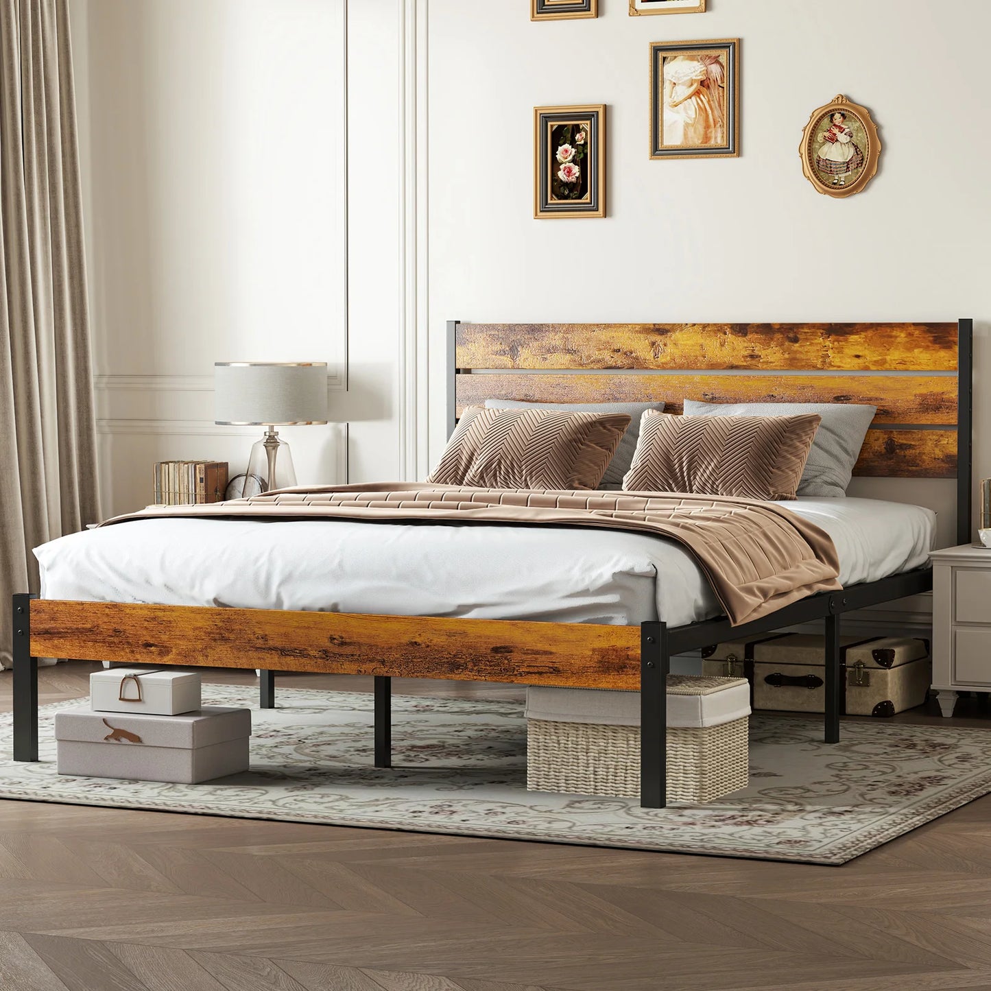 Rustic Wooden Headboard Metal Platform Bed Frame with 700LB Support
