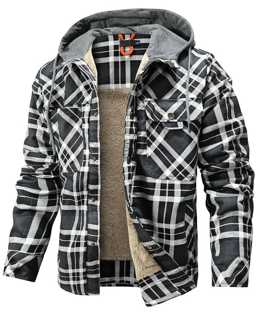 Mens Hooded Flannel Jacket Warm Fleece Lined Winter Coat