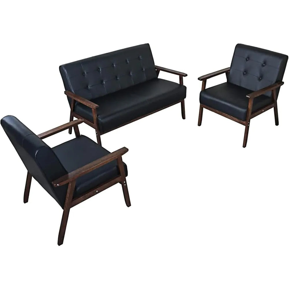 Leather Sofa Couch Set 2 Accent Chairs & 1Loveseat Black Faux Leather Loveseats Mid Century Modern Office Couch for Small Space