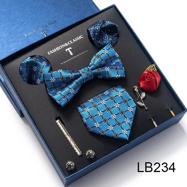 Men’s Novelty Silk Tie Gift Set. Necktie, Pocket Square & Accessories