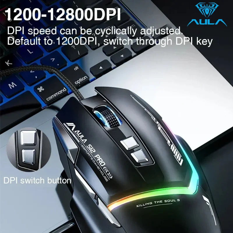 AULA S12Pro RGB Gaming Mouse .12800 DPI High-Speed Wired Mouse with Low Latency Performance