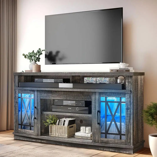 LED TV Stand with Glass Doors Entertainment Center Media Console RGB Light Remote Control Adjustable Shelves Cable Management
