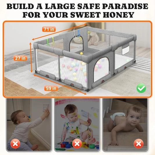 Foldable Playpen for Babies and Toddlers: 71" L x 59" W x 27" H(External Dimensions), Large Play Yard, Portable for Indoor