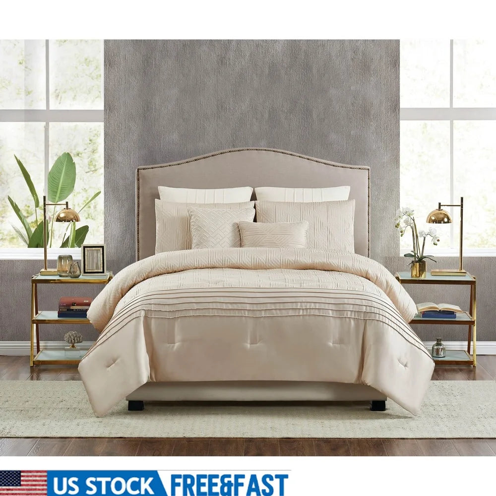 Elegant 7 Piece Queen Comforter Bedding Set Ivory Geometric