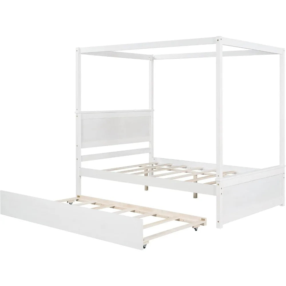 Full Size Canopy Bed with Trundle and Headboard, Solid Wood Four Poster Bed Frame with Support Slats, Wood Canopy Platform Bed f