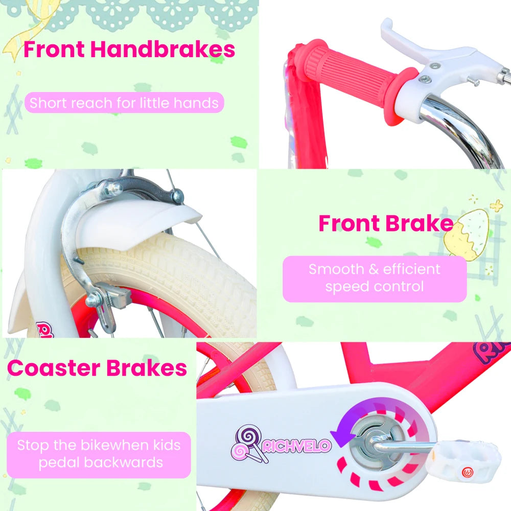 Girls Kids Bicycle 12, 14 & 16 Inch with Training Wheels | Adjustable Seat & Basket | Beginner Bike for Ages 3–8