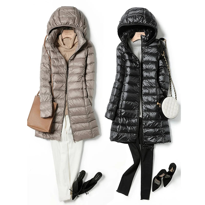 Women's Long Hooded Puffer Jacket – Lightweight Quilted Winter Coat with Detachable Hood