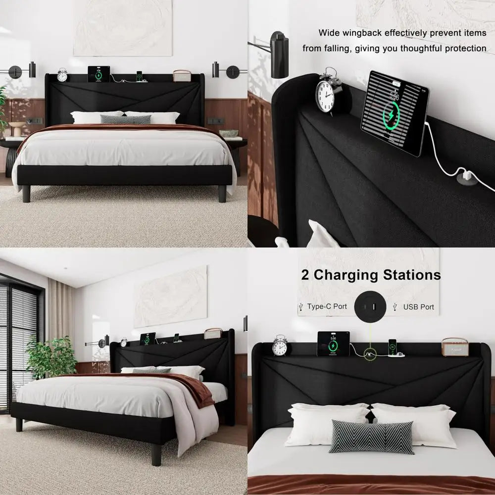 "linen-covered king-sized platform bed with wingback headboard and built-in charging station"