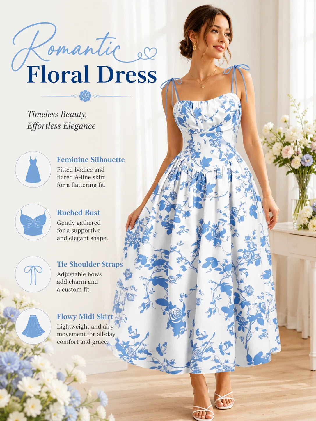 Women’s Floral Tie Shoulder Midi Dress | Square Neck Smocked Back A-Line Summer Sundress