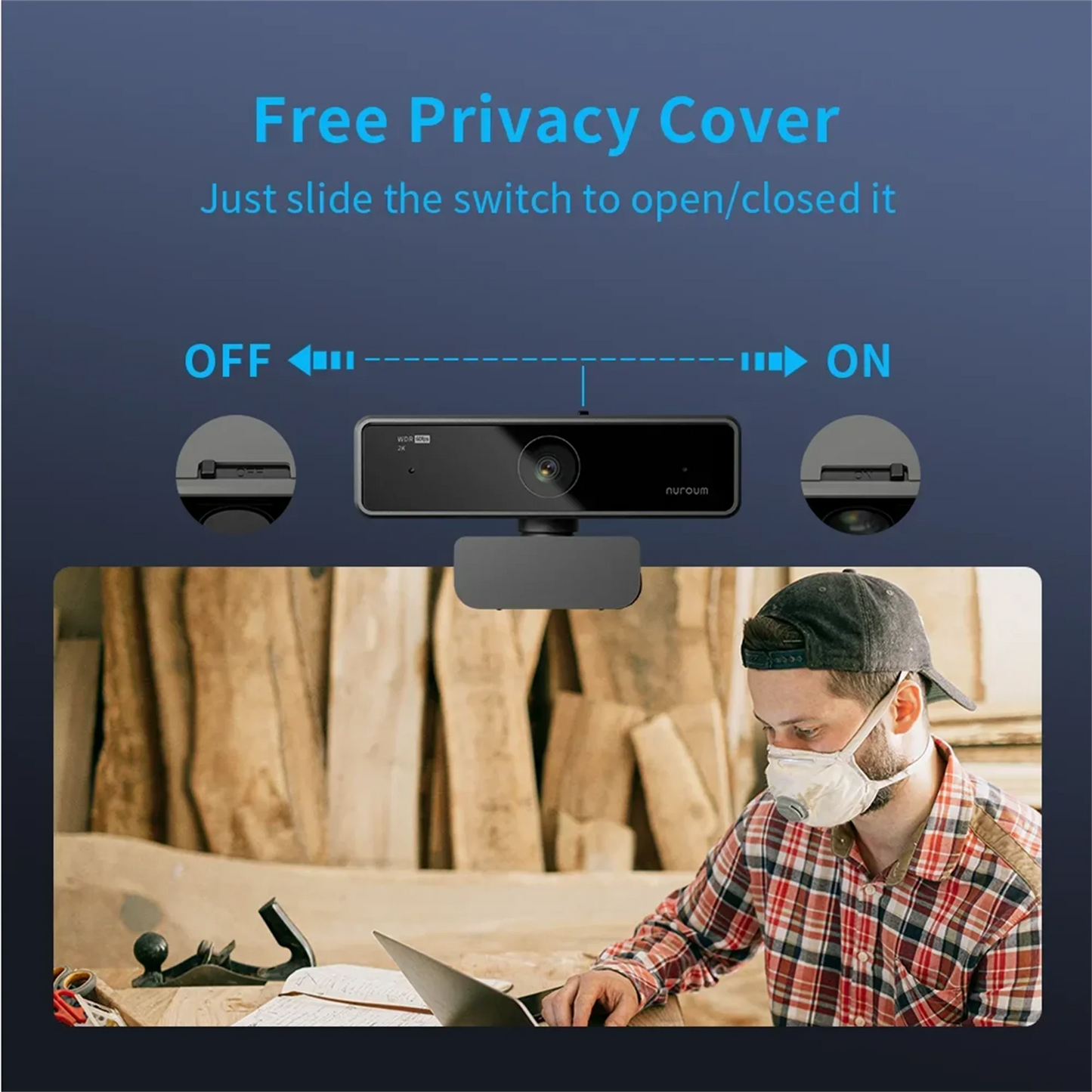 Nuroum 2K QHD 1440P AI Webcam with Noise-Canceling Microphones, Auto Focus & Privacy Cover