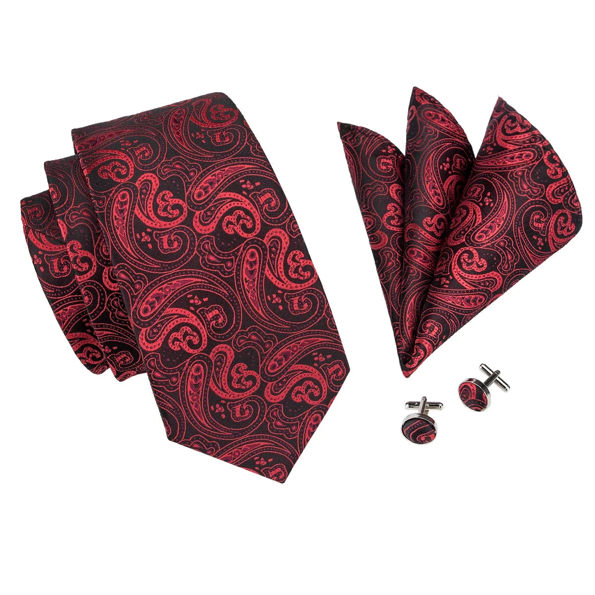 Luxury Burgundy Paisley Men’s Tie Set. Silk Formal Necktie & Pocket Square