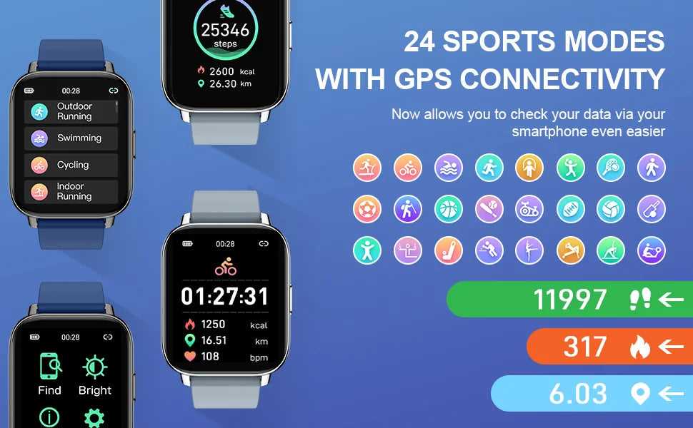 1.69” Bluetooth Smart Watch with Fitness & Health Tracking