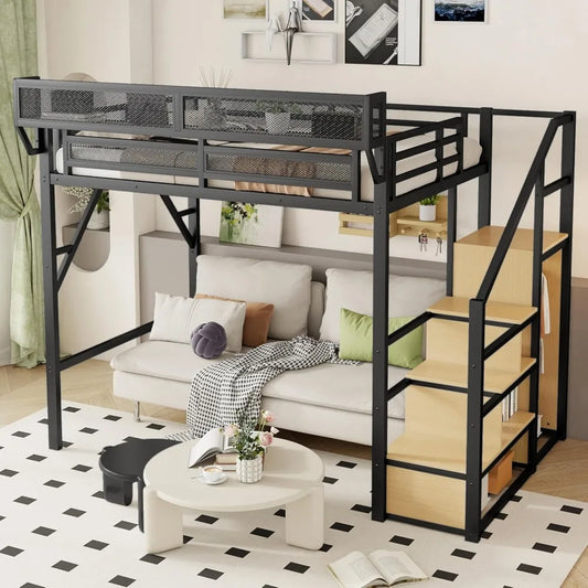 Full Size Loft Bed with Stairs, Heavy-Duty Metal Loft Beds, High Bed Frame with Storage Shelves, Junior loft Bed with Wardr