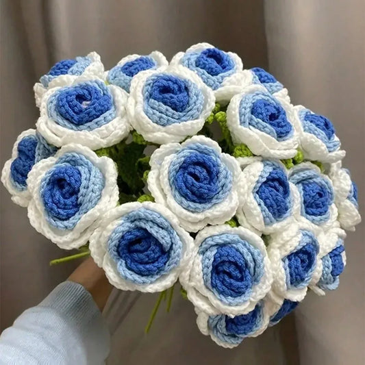 6Pcs Crochet Rose Flowers, Fake Rose Artificial Flowers Handmade Knitted Rose Bouquet Crochet Flower Bouquet Table Decoration