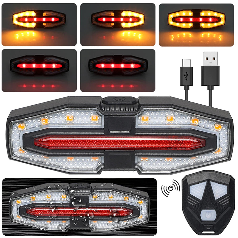 Rechargeable Bike Tail Light with Turn Signals Warning Bike Lights Wireless Remote Control Cycling Back Light for Night Riding