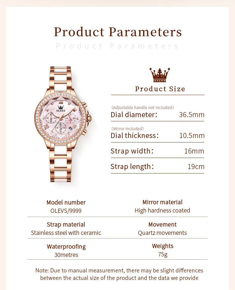 OLEVS Luxury Women’s Waterproof Chronograph Watch. Rose Gold Crystal Fashion Timepiece