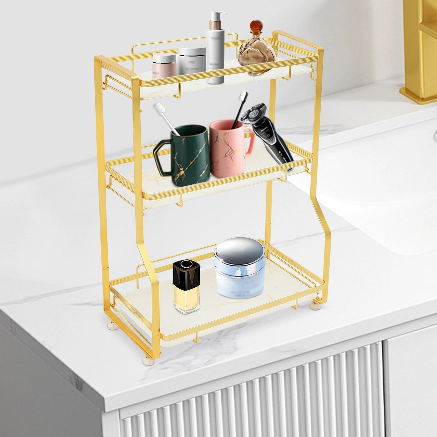 3 Tier Bathroom Countertop Organizer, Gold Bathroom Vanity Counter Organizer with Small Storage Basket for Skincare Makeup