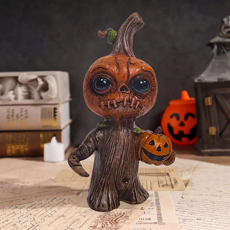 Halloween Pumpkin Tree Stump Figurine. Resin Jack-O’-Lantern Character Statue for Spooky Fall & Halloween Home Décor