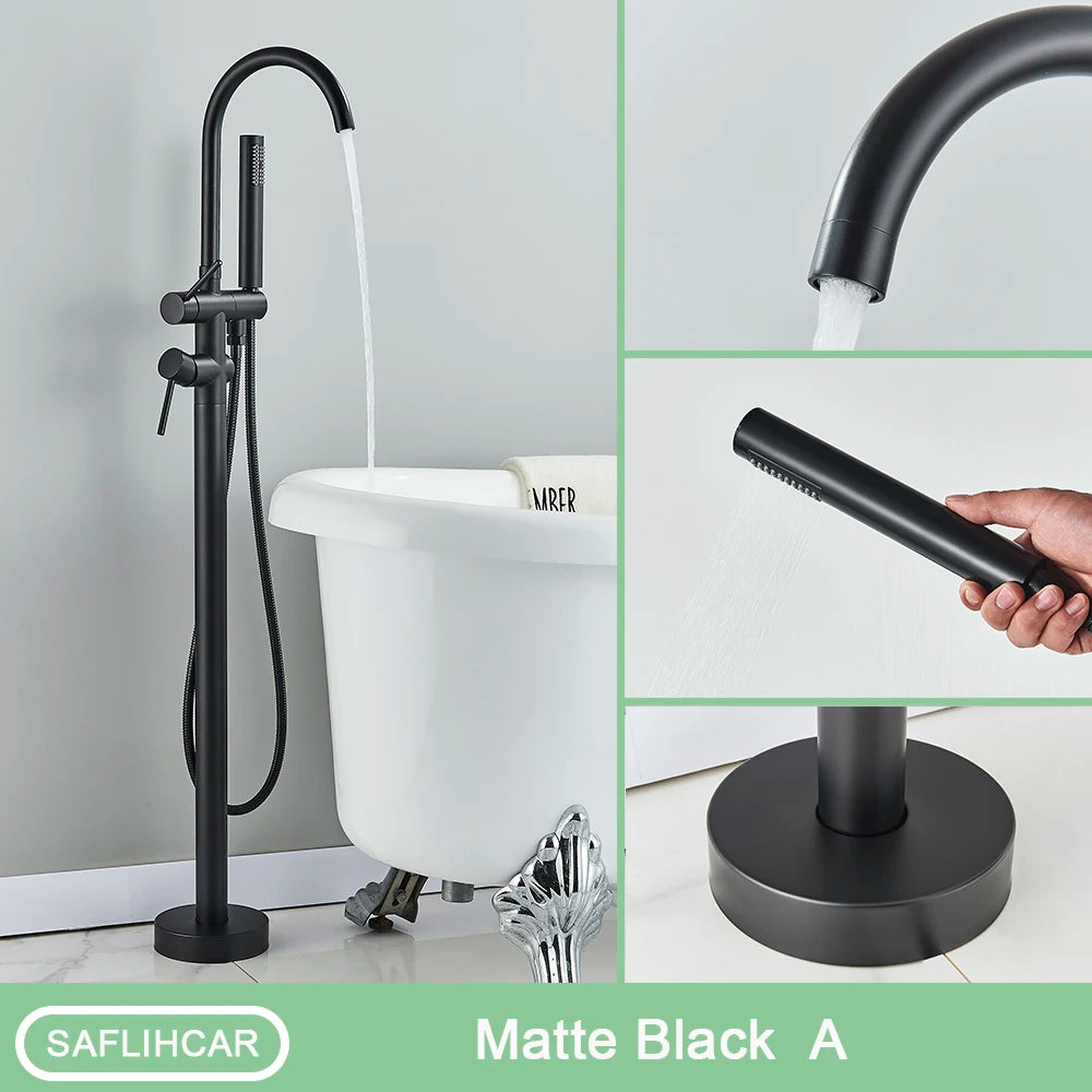 Black Bathtub Faucet Hand Shower Hot Cold Floor Mounted