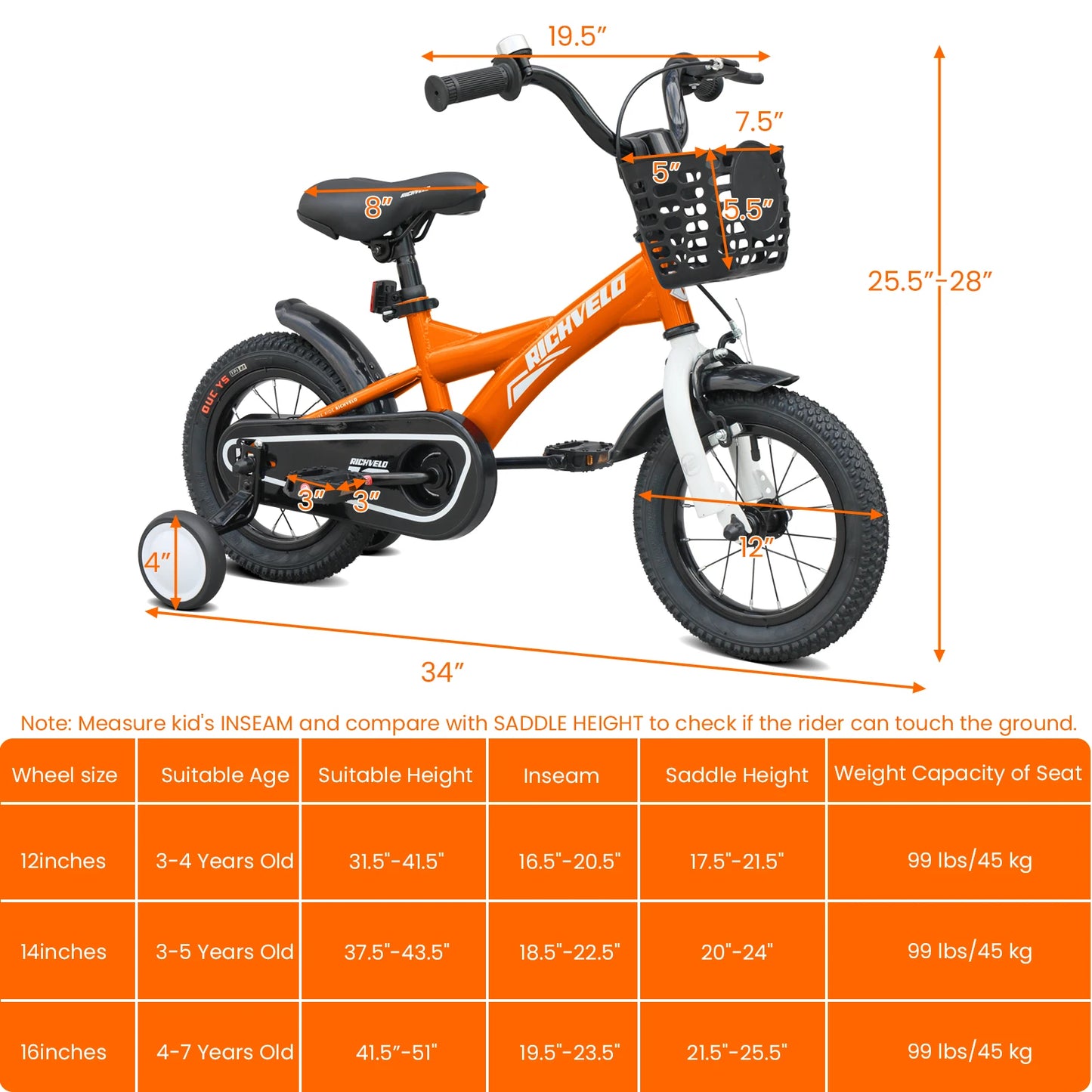 Kids Bicycle with Training Wheels. 12/14/16 Inch Adjustable Children’s Bike with Basket