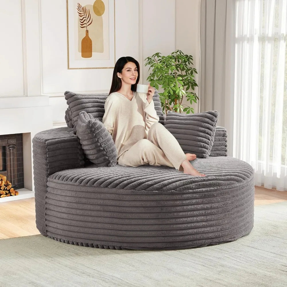 Oversized Round Chaise Longue Chair Indoor, Modern 55-inch Upholstered Corduroy Deep Seat Circle Single Cloud Lounge Floor Sofa