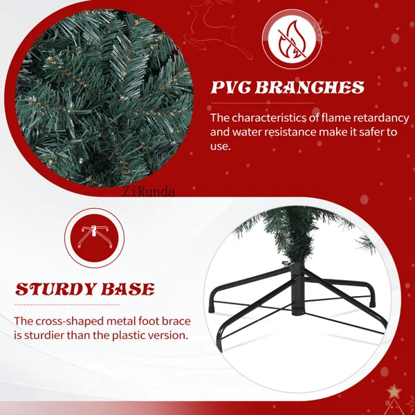 7.5 FT Pre-Lit Artificial Christmas Tree – 300 Warm White LED Lights with Red Ribbon, Holiday Home Décor & Metal Stand