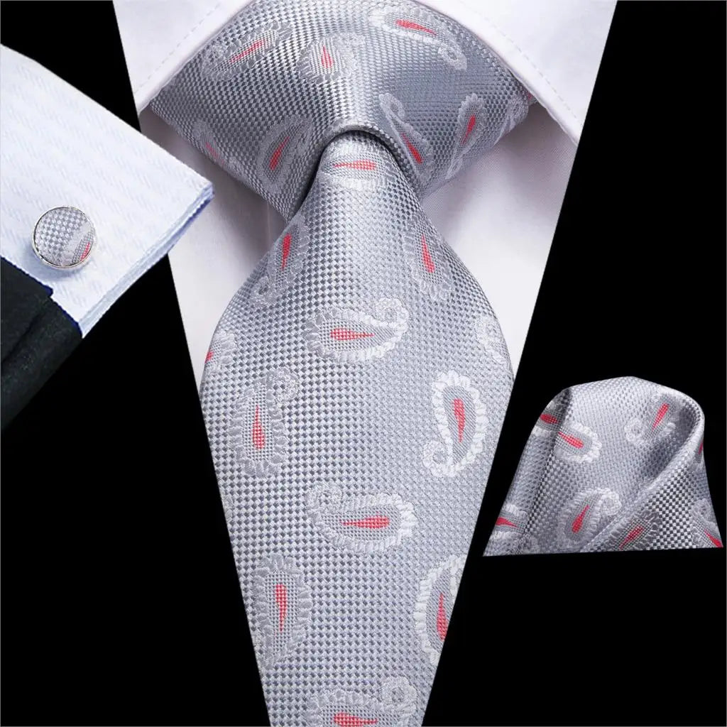 Hi-Tie Luxury Silver Men’s Necktie Set with Pocket Square & Cufflinks | Wedding, Business & Formal Events