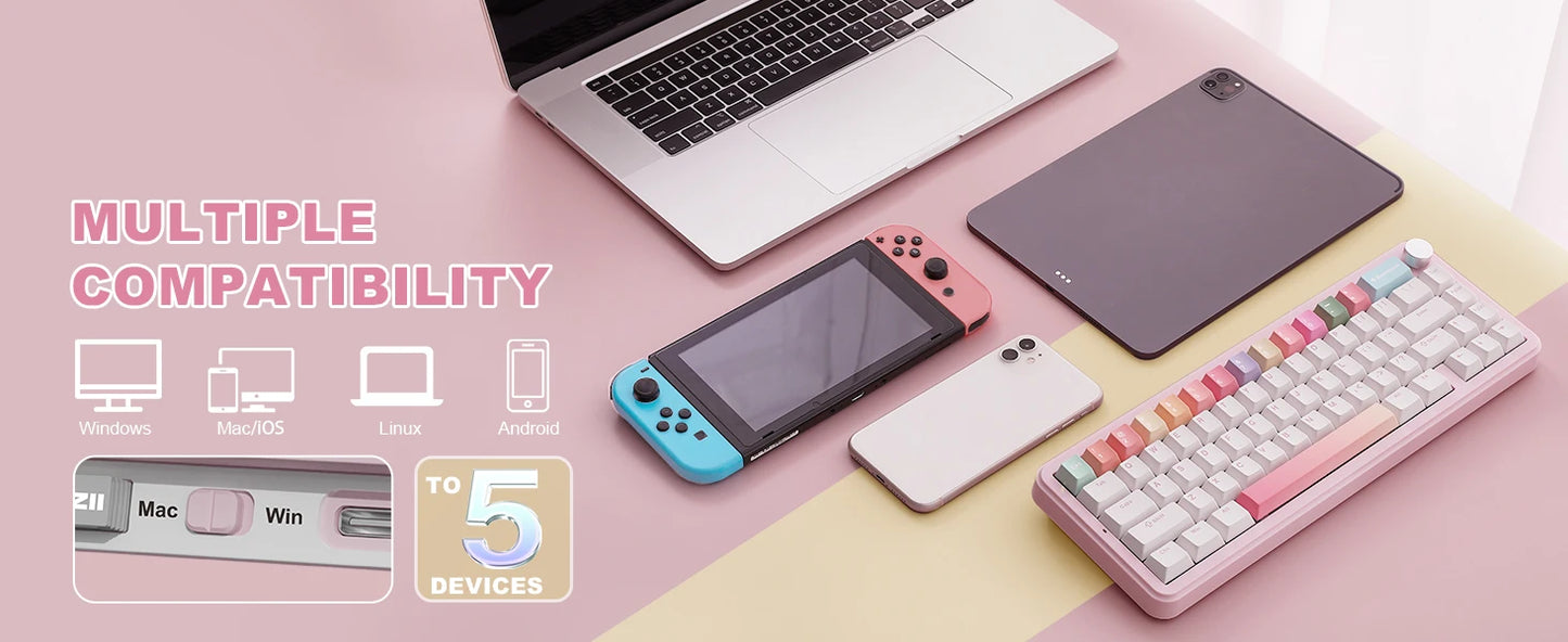 YUNZII B68 Wireless Mechanical Gaming Keyboard, Tri-Mode Hot Swappable Cute Gasket Mounted Creamy Keyboard for Win/Mac,