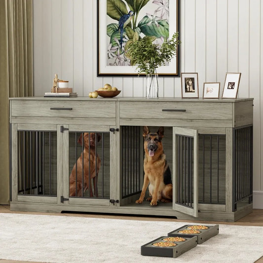 72" Dog Crate Furniture for 2 Dogs, Large Dog Kennel Furniture with 2 Storage Drawer and Removable Divider, Wooden Dog Cage wit