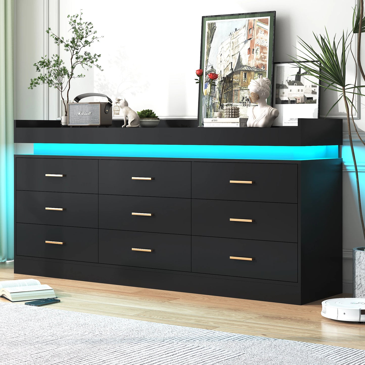 9 Drawer Dresser with LED Light and Charging Station, Modern Chest of Drawers for Closet, Wide Drawer Organizer Cabinet