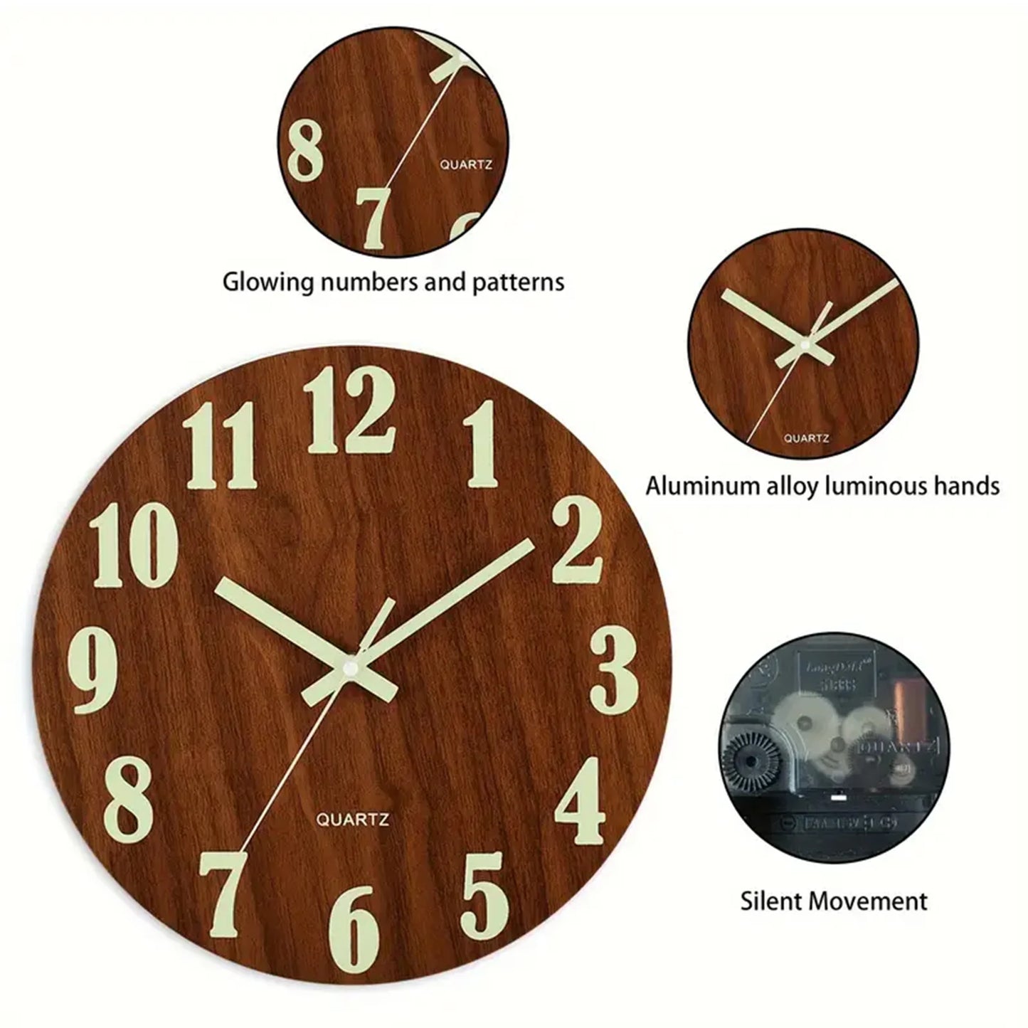 Glow in the Dark Silent Wooden Wall Clock
