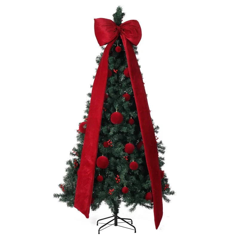 7.5 FT Pre-Lit Artificial Christmas Tree – 300 Warm White LED Lights with Red Ribbon, Holiday Home Décor & Metal Stand