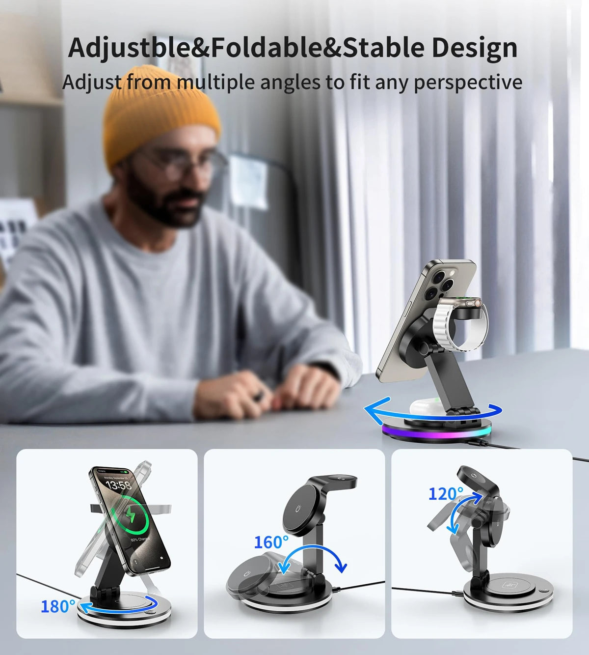 4 in 1 Wireless Charging Station For iPhone 16 15 14 13 12 For MagSafe Magnetic Charger Rotatable Holder Dock With Ambient Light