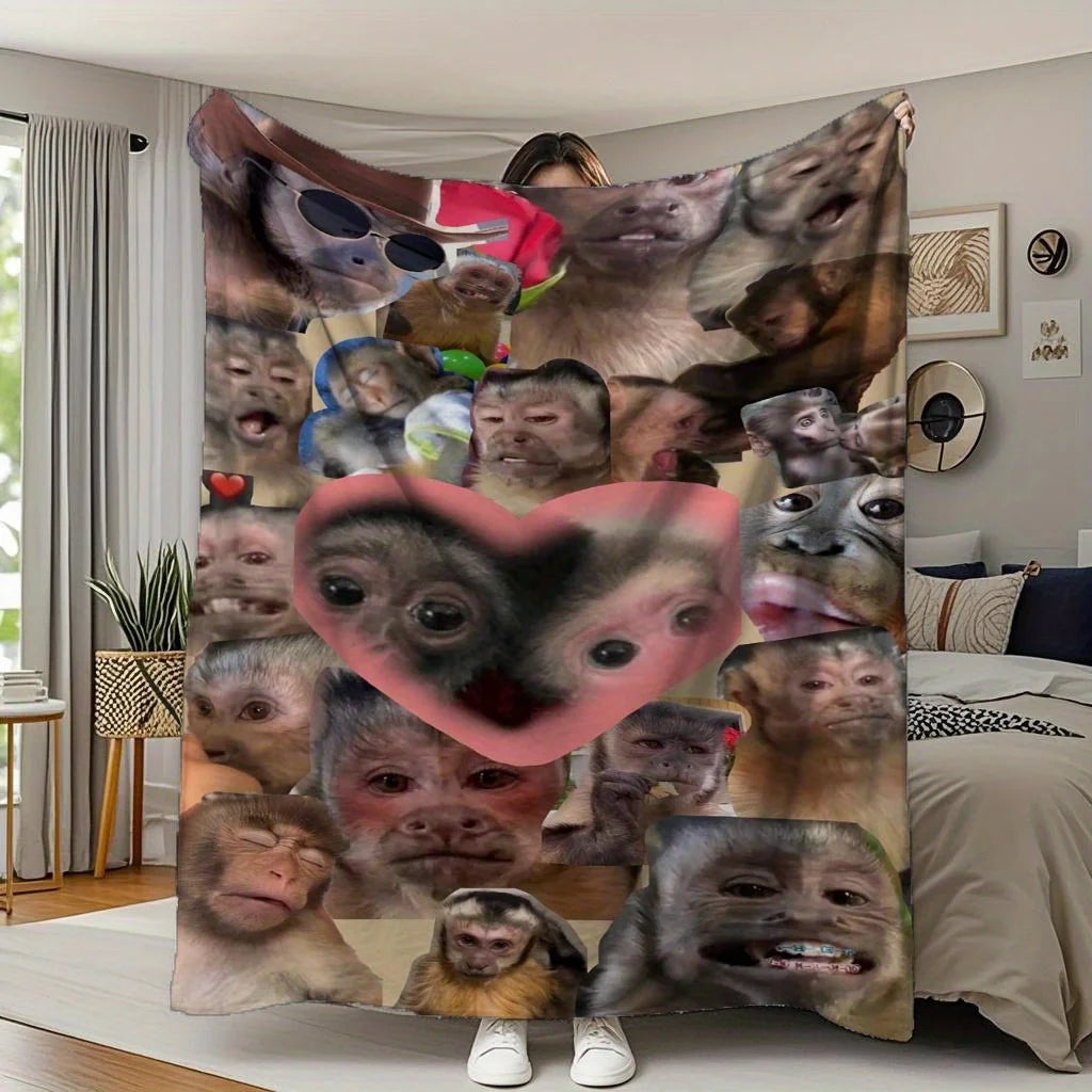 Soft Flannel Blanket - Monkey Face Collage Throw with Expressions, All-Season Cozy Warmth for Couch, Bed, Office