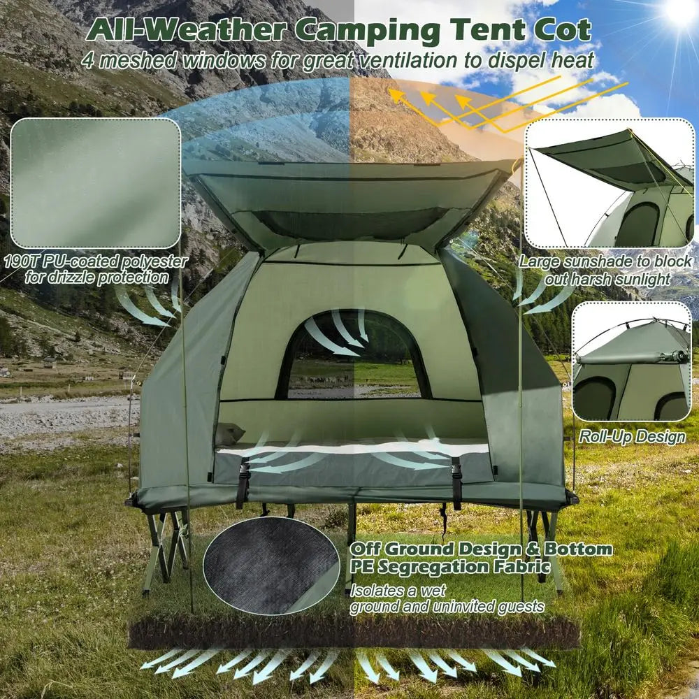 5-in-1 Elevated Camping Tent Cot Combo with Air Mattress, Sleeping Bag, Pillow & Awning