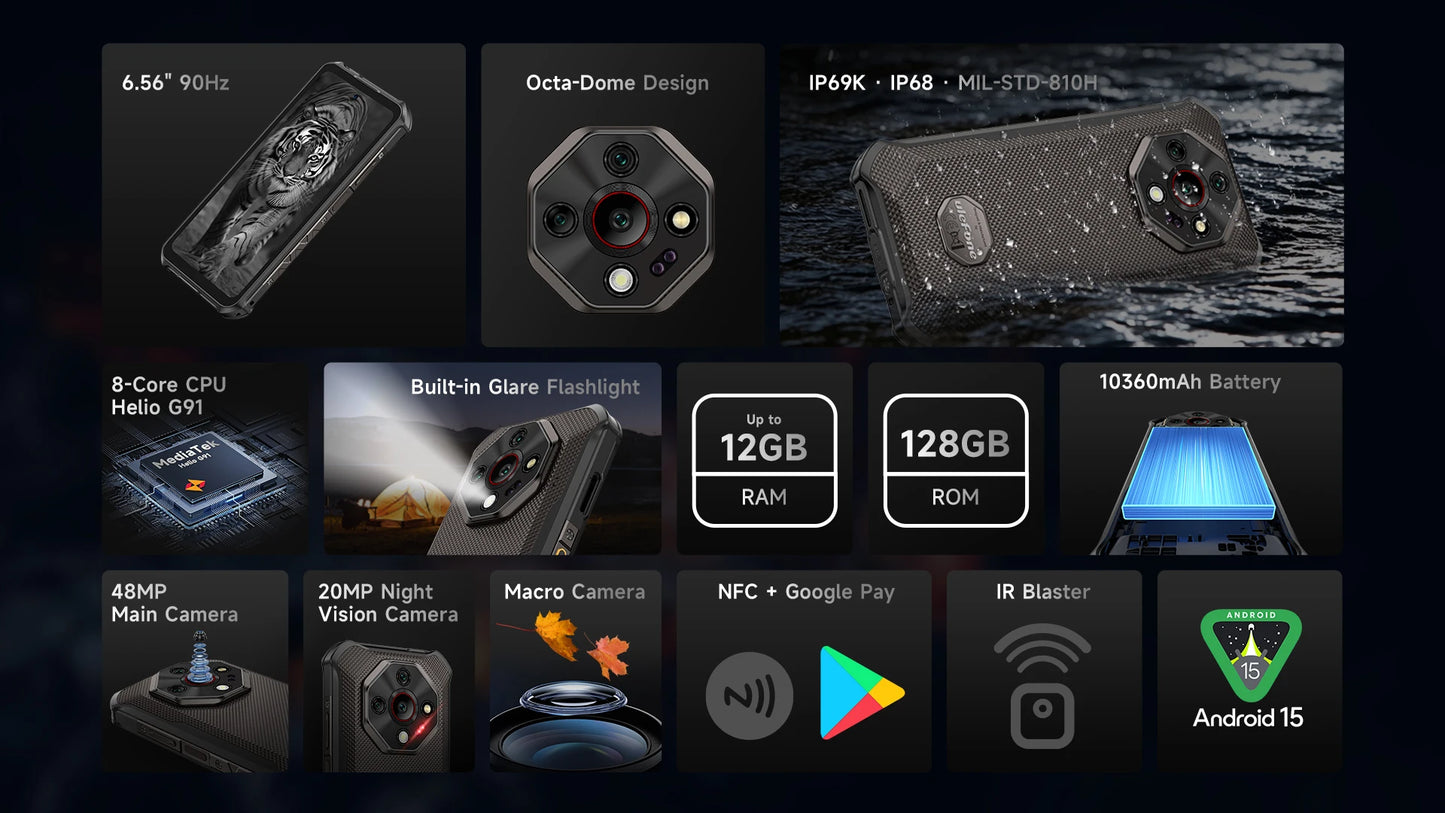 Ulefone Armor X16 Rugged Phone 10360mAh Battery Up to 12GB RAM 128GB ROM 120Hz 6.56" Night Camera NFC 4G Android 15 Smartphone