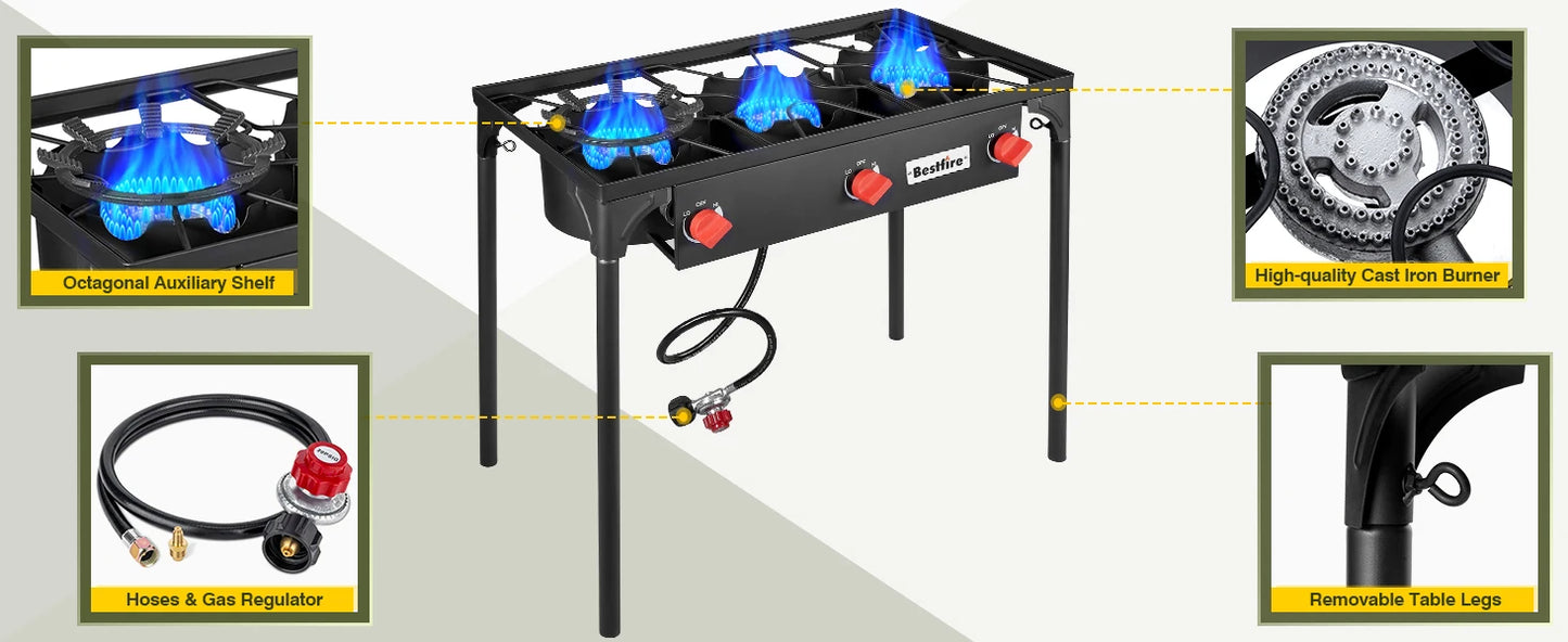 3 Burner Propane Camping Stove with Regulator . High Power Outdoor Gas Cooker for Camping, Tailgating & Backyard Cooking  Description
