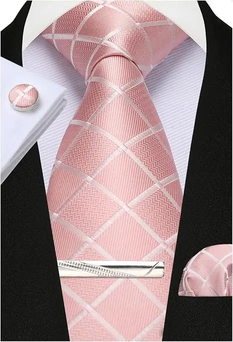 100% Silk Plaid & Checkered Men’s Tie Set with Pocket Square, Tie Clip & Cufflinks. Business & Wedding Necktie Gift Set  Optimized Description