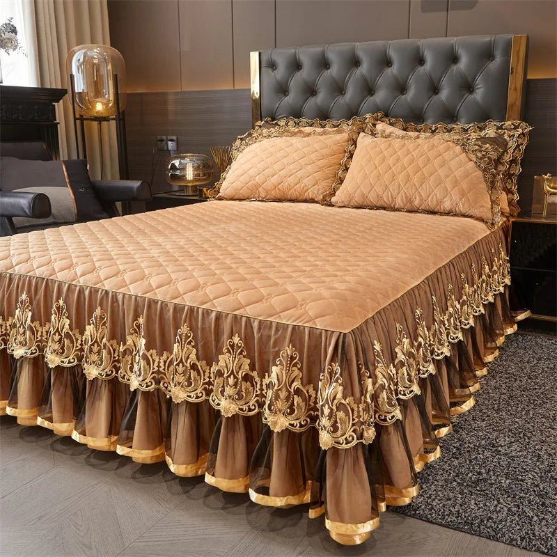 AIWINSURE-European Lace Velvet Bedspread Set, King Size, Queen Thickened Bed Cover, Soft Bed Skirt, Luxury, with 2 Pillowcases