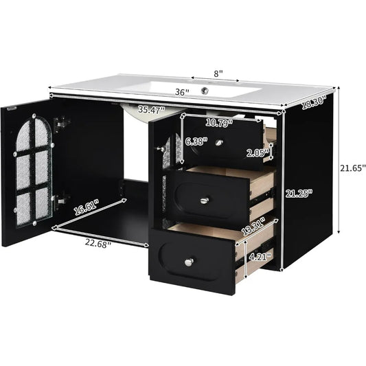 36 Inch Floating Wall Mounted Vanity With Ceramic Sink And Drawers