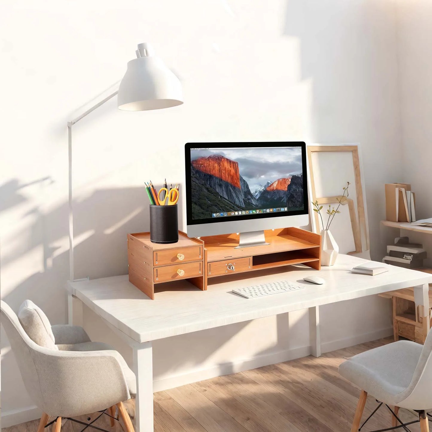 Computer Monitor Stand with Storage Drawers, Wooden Desktop Monitor Riser & Laptop Stand Organizer for Home Office