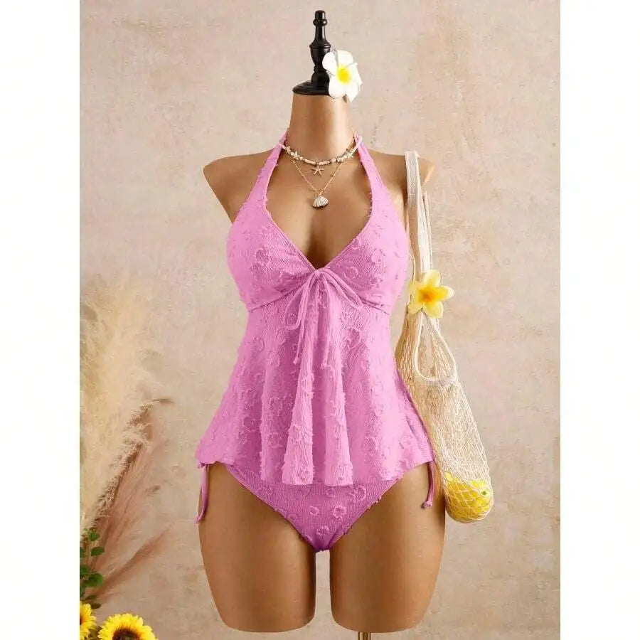 Women’s Halter Neck Swim Dress | Lace Texture One-Piece Swimsuit with Tummy Control
