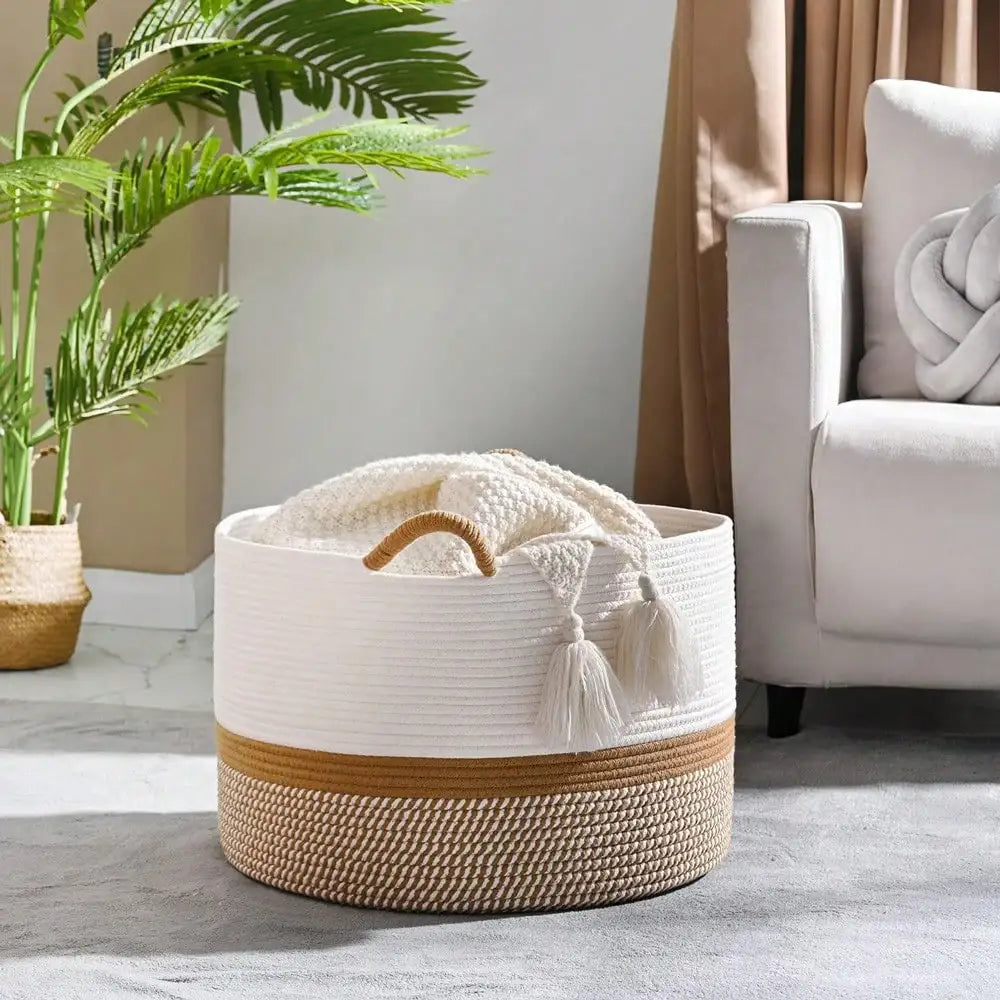 Large Woven Cotton Rope Storage Basket for Blankets & Laundry