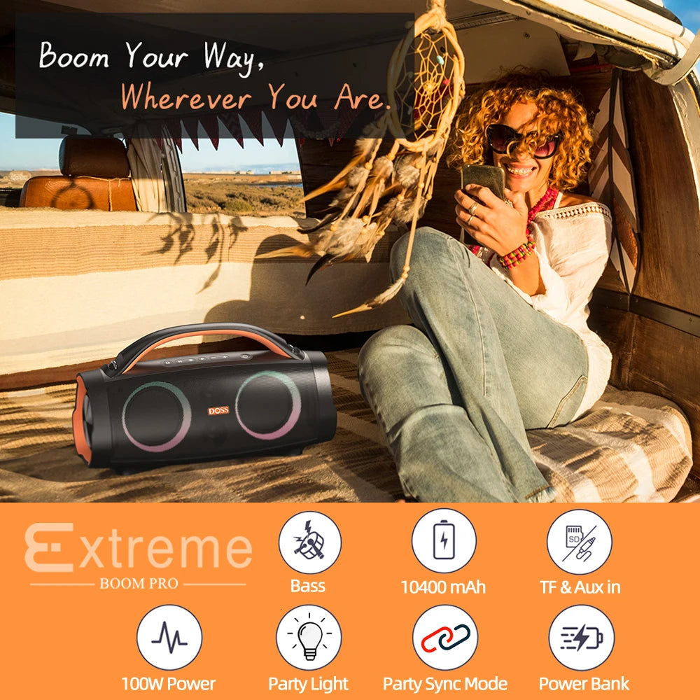 DOSS 100W Portable Bluetooth 5.3 Speaker with Deep Bass, Stereo Sound, IPX6 Waterproof & Long Battery Life