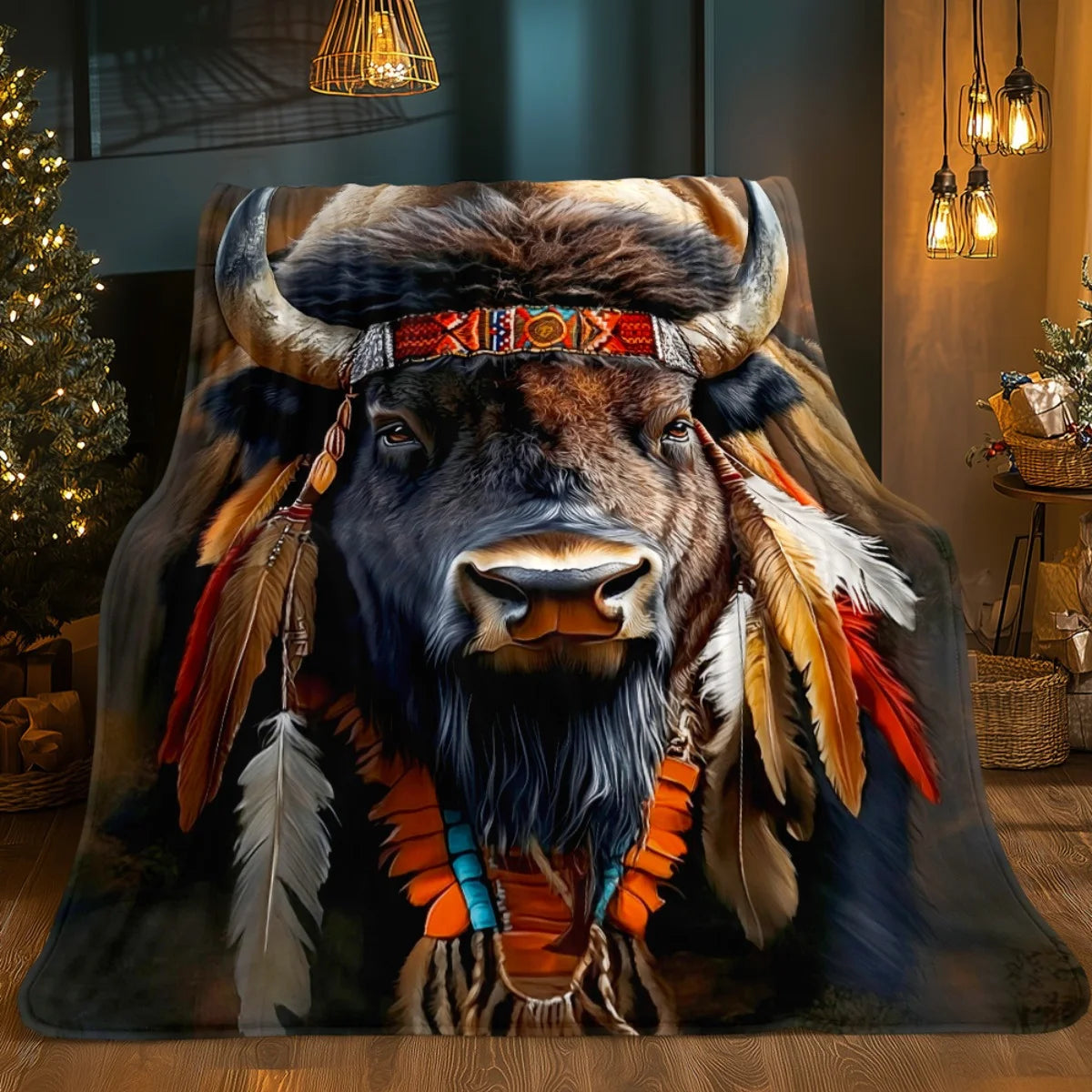 1 Native American Buffalo Feather Headband Flannel Blanket - Warm and soft, suitable for sofas, beds, living rooms, offices,