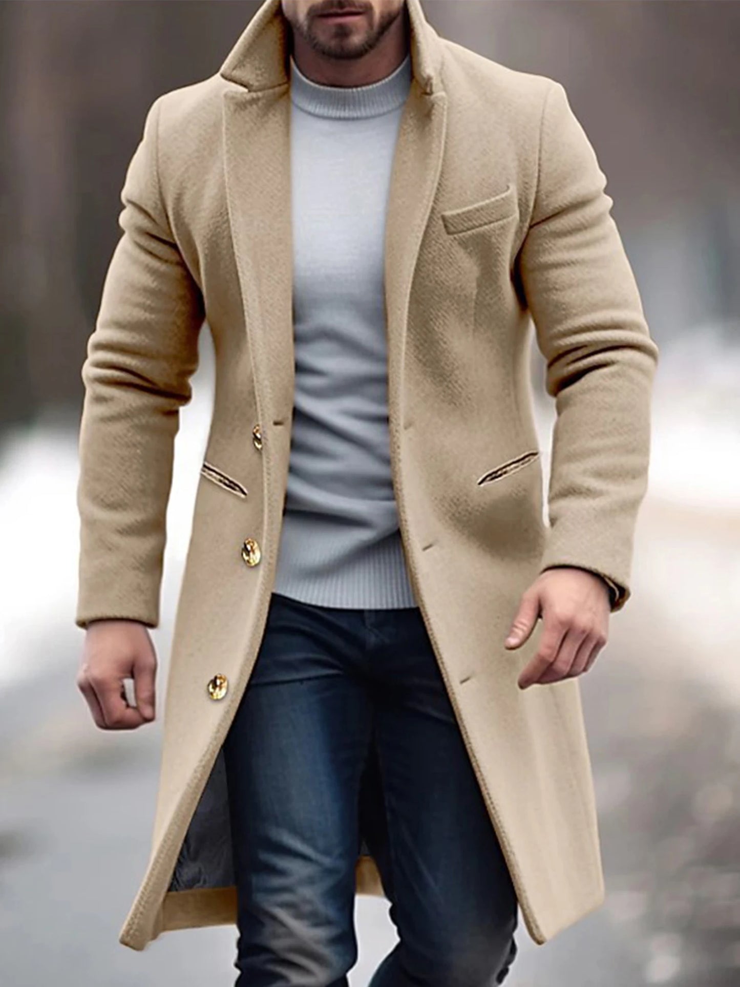 Men s Classic Wool Blend Pea Coat with Notched Lapel and Button Closure for Stylish Winter Outerwear and Streetwear Fashion